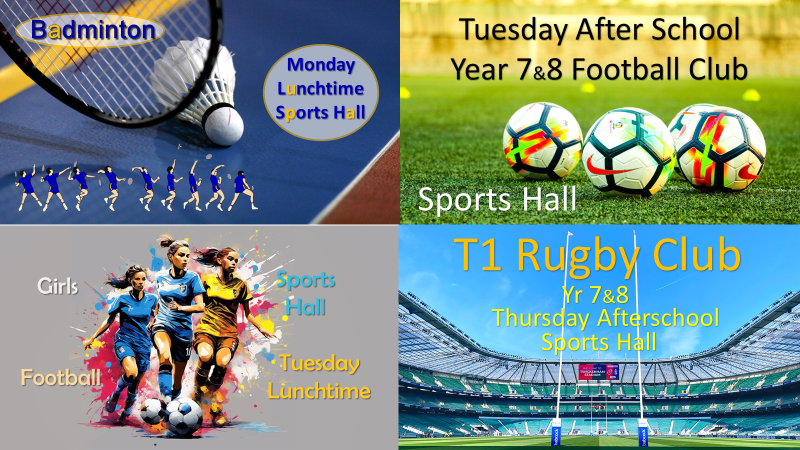 Pictures of Badminton, Football and Rugby clubs times and dates